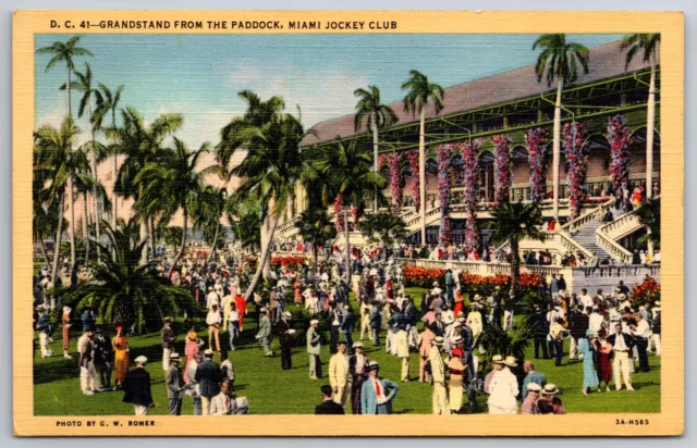 Florida~Grandstand From The Paddock @ Miami Jockey Club~Vintage Linen Postcard