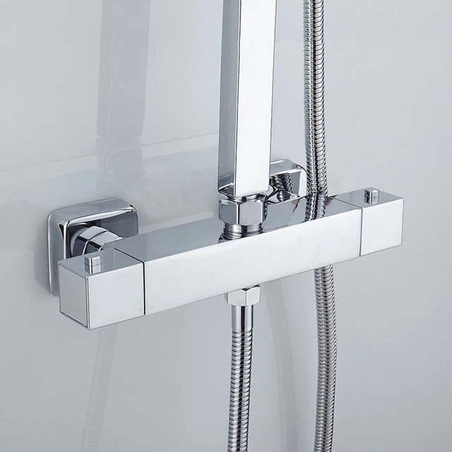 SQUARE THERMOSTATIC SHOWER Bar Mixer Valve Taps Chrome Bathroom Twin