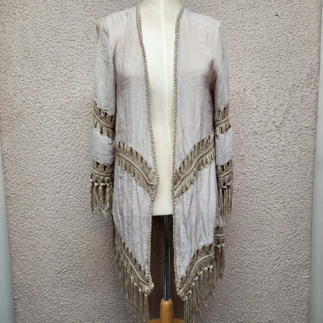 Dreamers Brown Crochet Fringe Open Front Long Sleeve Cardigan Size Small