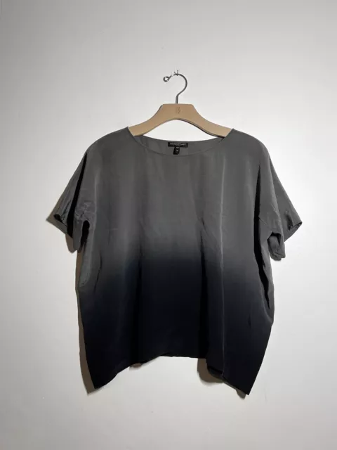 Eileen Fisher EUC Gray Black Ombre Silk Short Sleeve Top Shirt Blouse PP 2P-4P