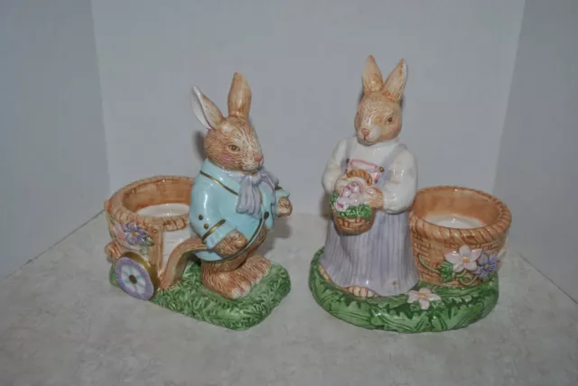 VTG AVON Springtime Collection S/2Mr. and Mrs. Bunny figurine votive/egg holders