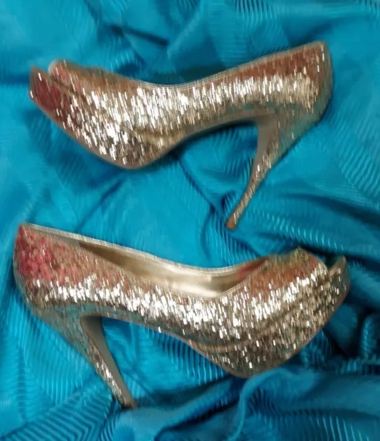 Guess Heels 7.5 Gaby Gale Glitter Gold Peep Toe Platform Pumps Womens Shoes