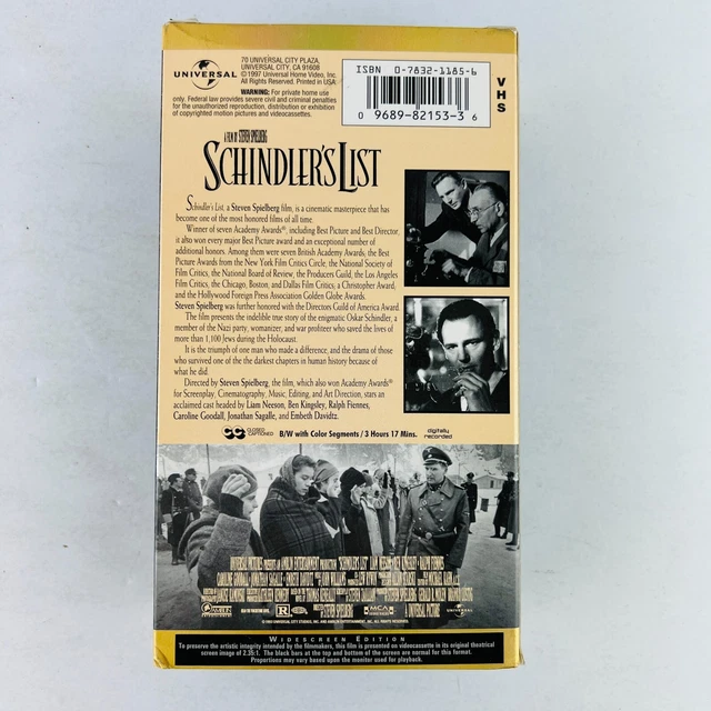 SCHINDLER'S LIST WIDESCREEN Edition VHS Video Tape Liam Neeson, Ralph