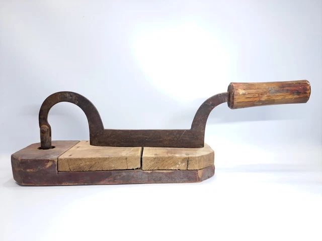 Antique Handmade Primitive Tobacco Cutter W/ Hand Forged Blade & Wooden Base