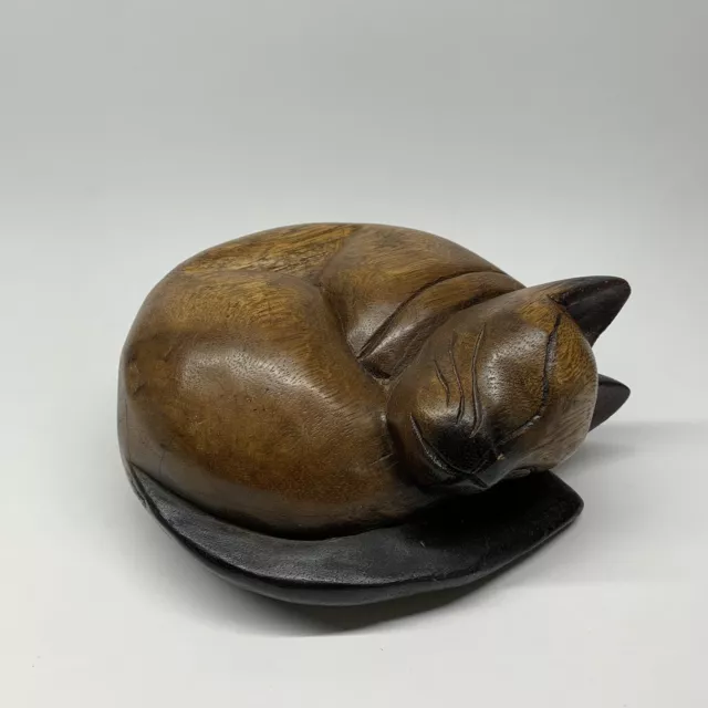 Vtg Handcarved Wooden Solid Curled Up Sleeping 8”  Siamese Cat Statue