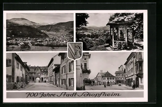 AK Schopfheim, Totalansicht, Denkmal gegen Ort, Straßenpartie mit Tor 1950