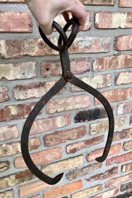 Antique Blacksmith Forged Iron Ice Block Tongs Primitive #2 Vintage 18” X 12.5”