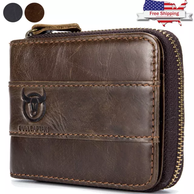 Mens Genuine Leather Wallet RFID Blocking Zip Around ID Card Window Bifold Purse