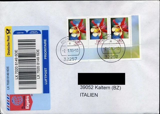 431709) DS Blumen MeF 180 C Akelei (3, Bogen) Eilbrief nach Italien 2.1.16