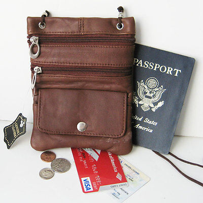 Genuine Leather Passport ID Documents Holder Neck Travel Pouch Bag