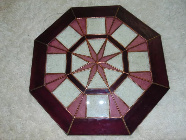 Burgundy & Copper Stained Glass Octagon Beveled Window Panel Sun Catcher 19"