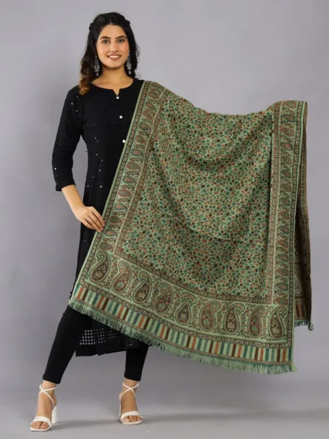 Womens Oversize 100% Cashmere Indian Wool Blanket Shawl Wrap Paisley Scarf Green