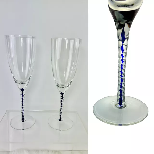 (2) Hand Blown Twisted Cobalt Blue inside Stem Clear Wine Glasses Goblets HTF