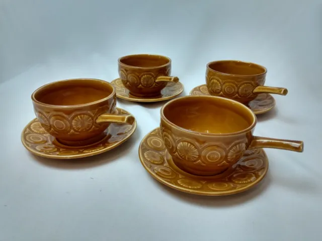 Set of 4 Single Handle Vintage Soup Bowls with plates.