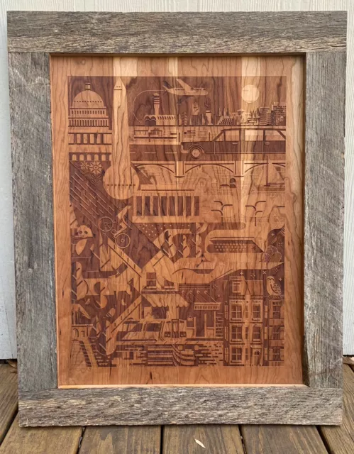 Iconic Illustration of Washington DC  - Laser Printing On Walnut Wood (LE)