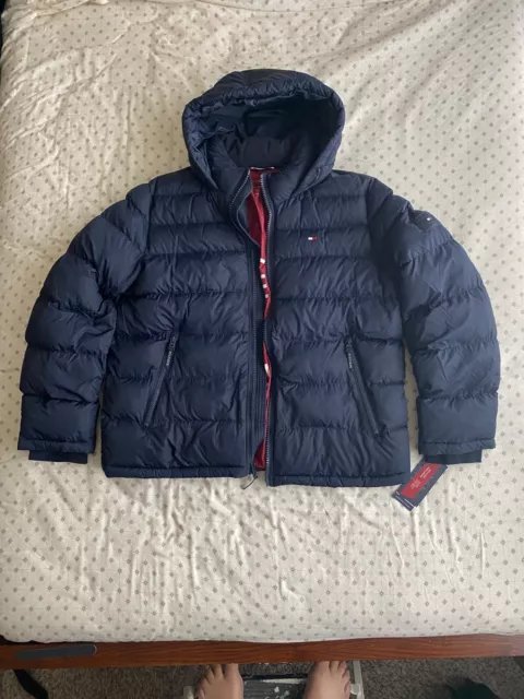 Tommy Hilfiger Mens Puffer Jacket Xl Blue W/Hoodie Water/Wind Resistant Zippered 3