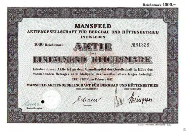 Mansfeld Aktiengesellschaft für Bergbau und Hüttenbetrieb 1933 1000 RM