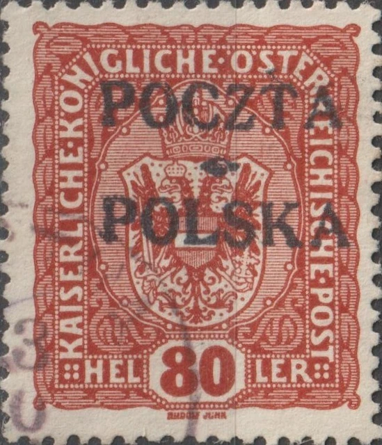 USED 1919 POLAND 80 Hel Krakow Issue Stamp POLSKA POCZTA Overprint Austria BROWN