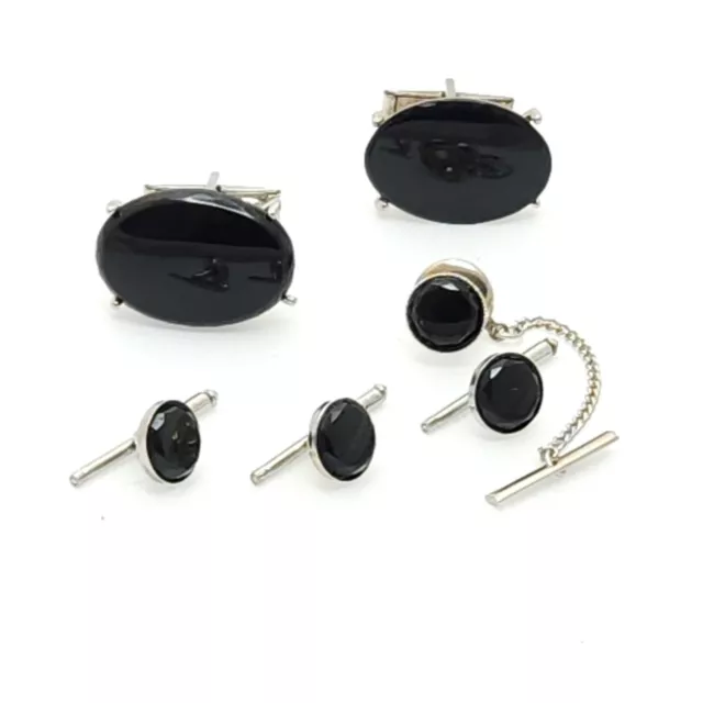 Black Glass Oval Cufflinks Tie Tac Shirt Stud Set Silver Tone Mens Suit Tuxedo