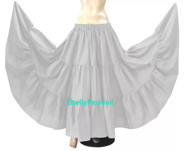 White Cotton Gypsy Skirt 3 Tier 10 Yard Belly Dance Tribal Ethenic Flamenco