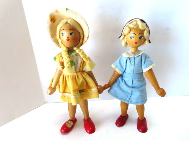 2 Vintage Wooden jointed Dolls Nurse and Woman Made in Poland