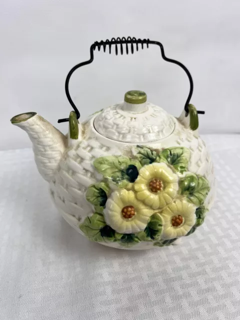 Antique Floral Art Pottery Tea KETTLE with  Metal Handle  - Made in Japan