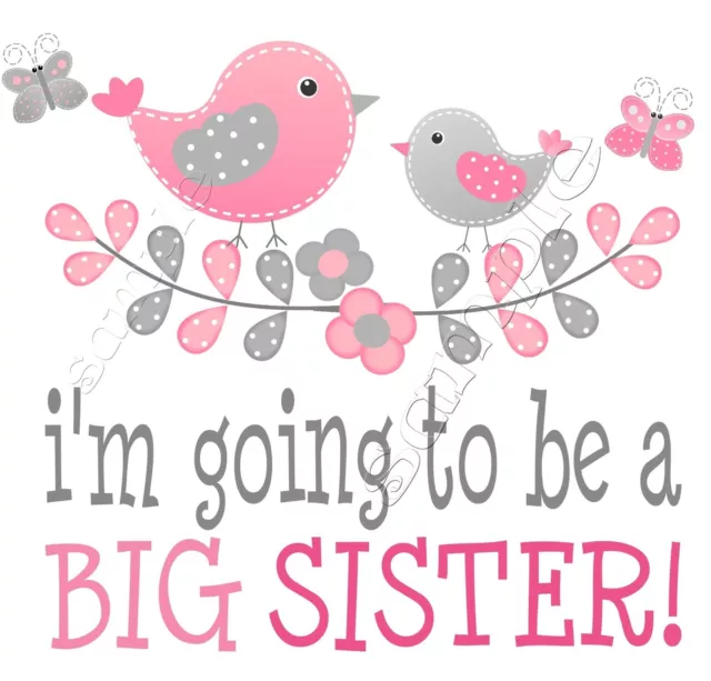 Iron On Transfer  I’m Going To Be A Big Sister Maternity Bird Butterfly Flower 