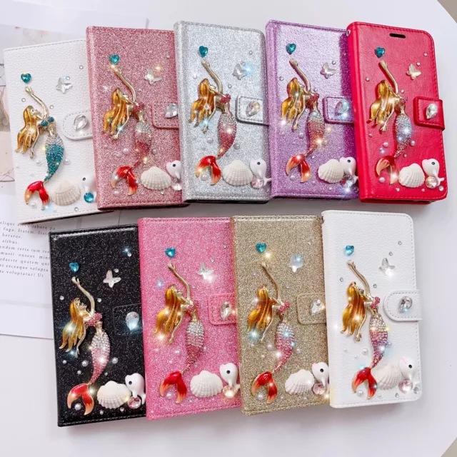 For iPhone 14 Pro Max 13 12 Wallet Leather Bling Gitter Stand Phone Cover Case