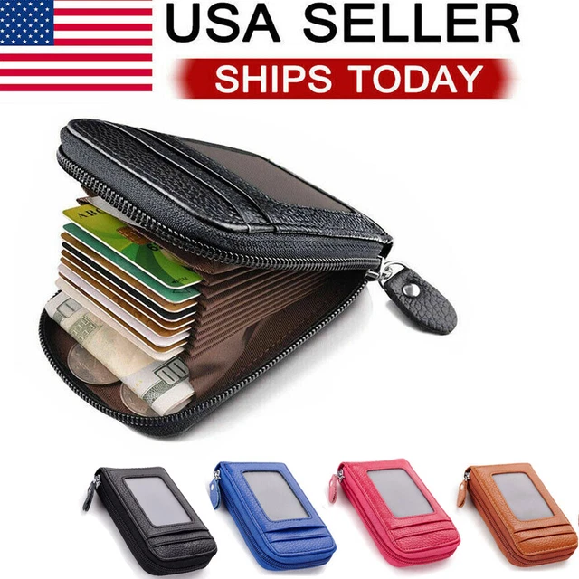 Genuine Leather Men Wallet Credit Card Holder RFID Blocking Zipper Pocket Thin