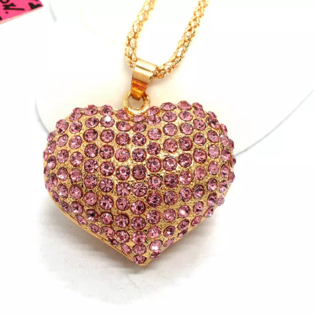 New Betsey Johnson Pink Rhinestone Cute Heart Bling Crystal Pendant Necklace