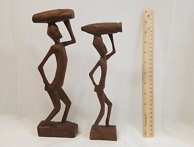 Vintage African Folk Art Hand Carved Wood Man And Son Pair Couple Set of 2.