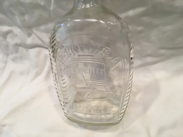 Log Cabin Bicentennial syrup bottle 'Liberty Bell' design, clear glass, Vintage