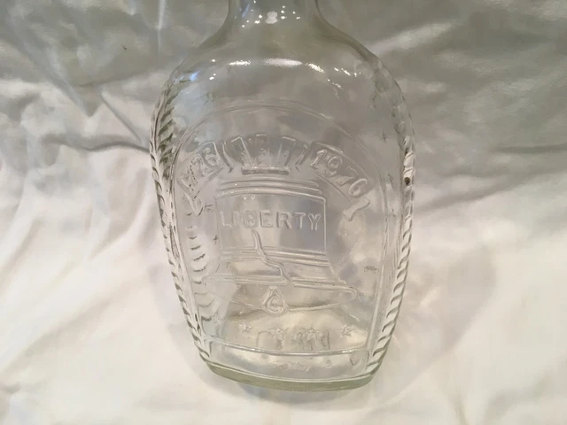 Log Cabin Bicentennial syrup bottle 'Liberty Bell' design, clear glass, Vintage