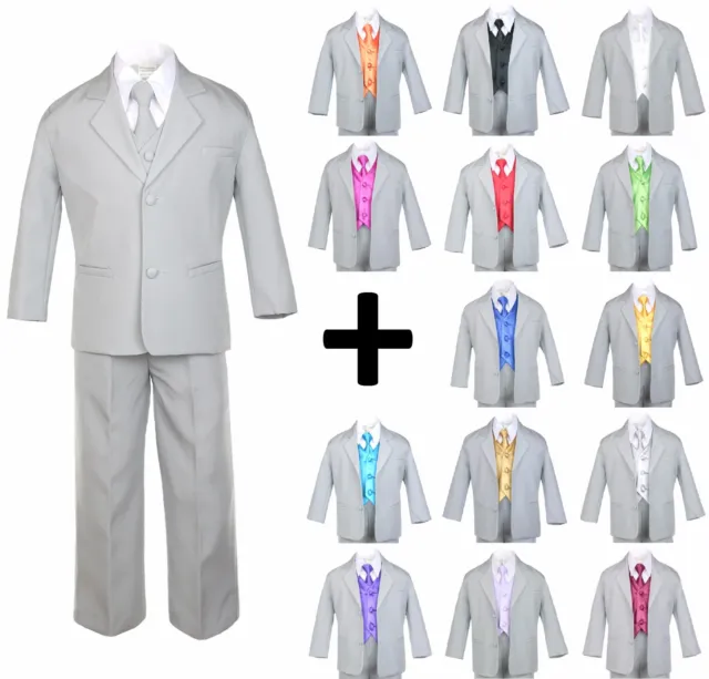 7pcs Baby Toddler Boys Kids Teen Wedding Formal Tuxedo Suits Light Gray sz S-20