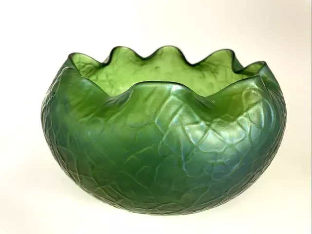 Large Green Martelé Bowl Loetz or Kralik 8"