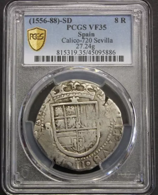 (1556-88) Philip Ii 8 Real Cob Pcgs Vf35 Sevilla Assayer D Spain Silver Colonial
