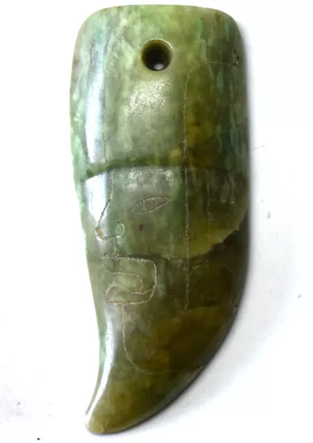 Ancient Pre Columbian Jade Stone Engraved Claw Pendant with COA