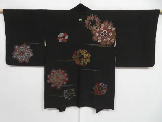 1012i01z530 Vintage Japanese Kimono Silk HAORI Black Flowers