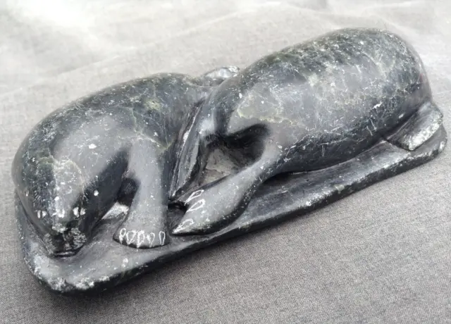 Alaska Soapstone Carving Seal Signed - 2 Resting Seals