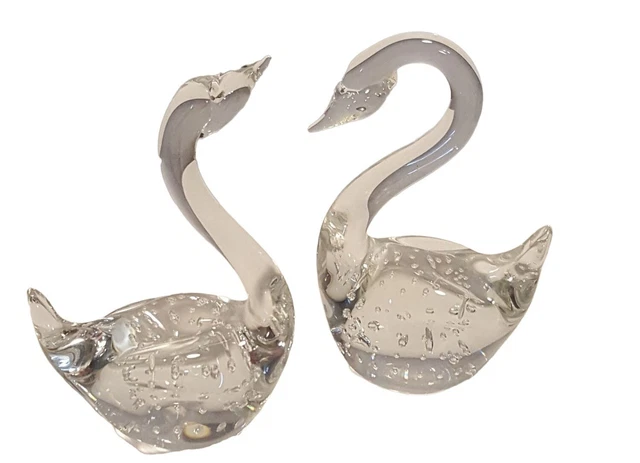 Vintage Blown Heavy Glass Swan Figurines Paperweight 4" Controlled Bubbles