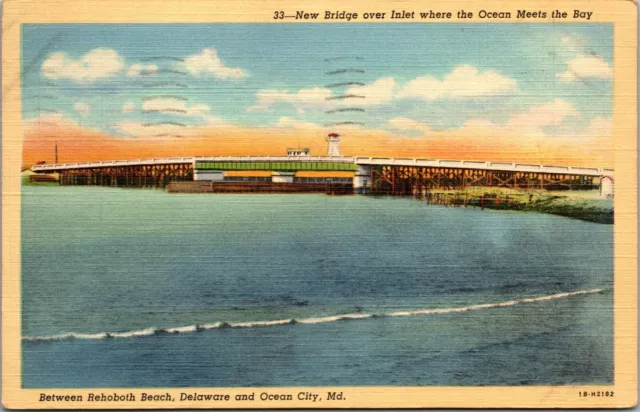 Postal DE Nuevo Puente sobre Entrada Rehoboth Playa DE y Ocean City MD Lino 1941