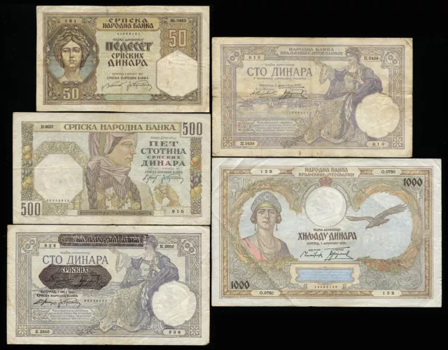 Yugoslavia Serbia SET 5 Notes 50 100 500 1000 Dinara 1929 1931 1941 P23 26 27 29