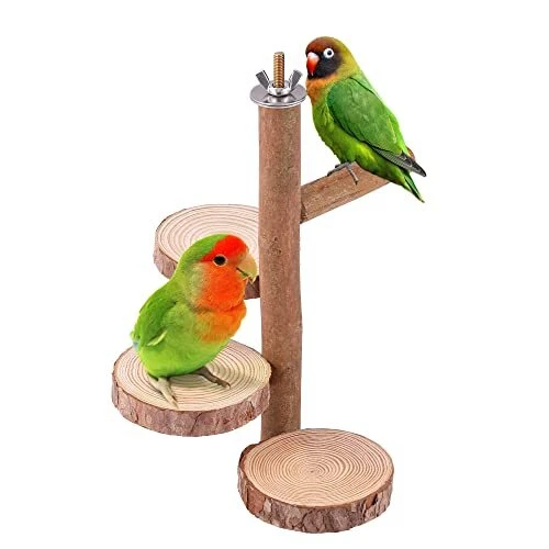 Natural Wood Bird Perch Stand Platform, Hanging Round Wooden Rotating