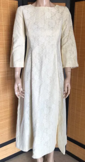 Vtg 1970s Ivory Satin Lace Long Maxi Wedding Dress Prairie Cottagecore Boho M