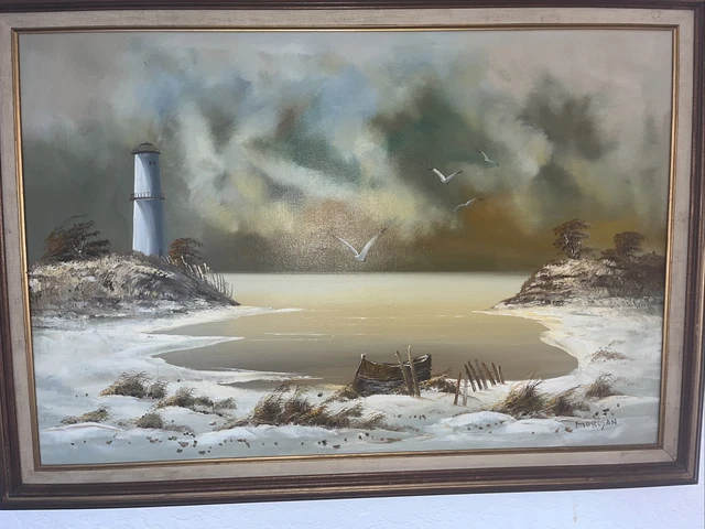 Lighthouse Beach Painting By Morgan Signed Original Canvas Antique Framed