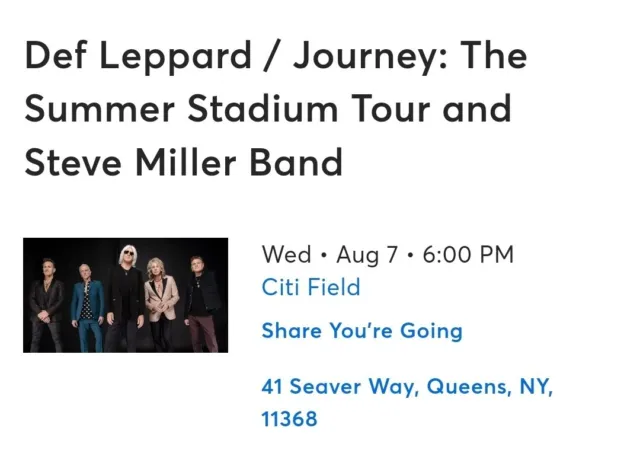 2 Tickets Def Leppard/ Journey: The Summer Stadium Tour_ Queens 8/7/24 A5 ROW 7!