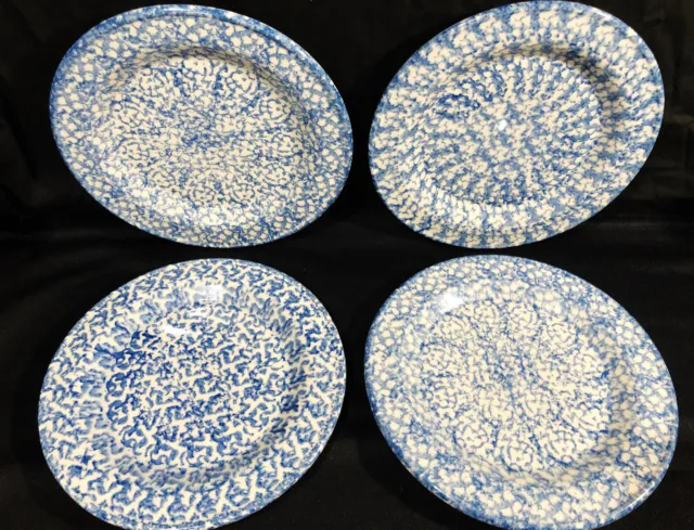 4 Gerald Henn spongeware pottery BLUE dinner plateS 10" OVEN FREEZER MICRO