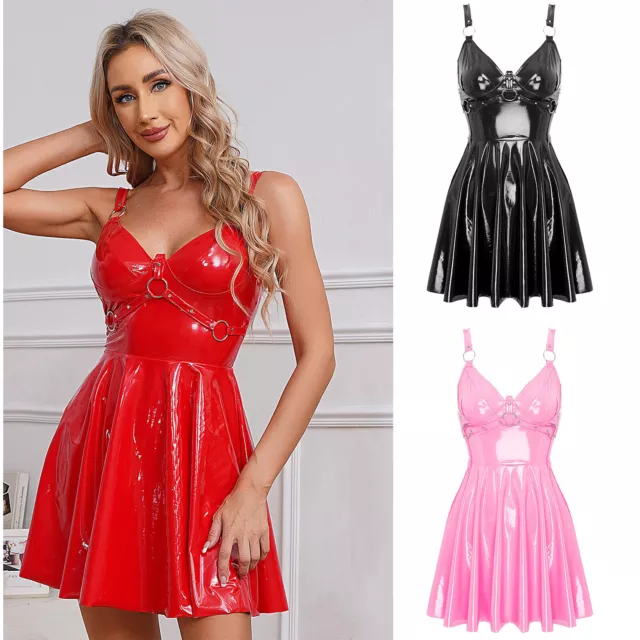 Womens Sexy Mini Wet Look Dress Short Slip Dresses Patent Leather Clubwear Shiny 2