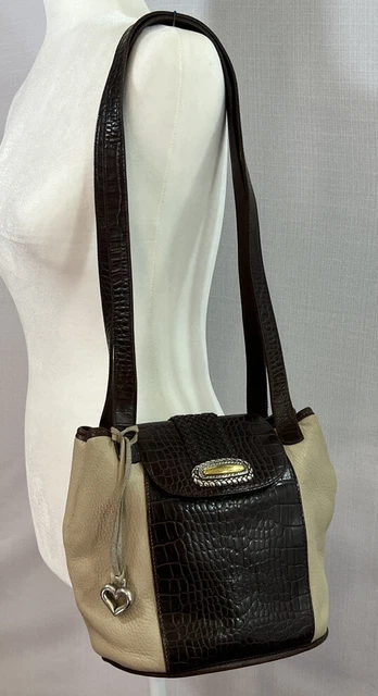 BRIGHTON Beige Brown Croc Embossed Leather Bucket Satchel Shoulder Bag Purse