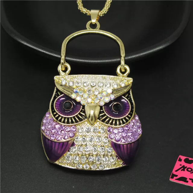 New Fashion Lady Purple Enamel Cute Owl Handbag Crystal Pendant Women Necklace